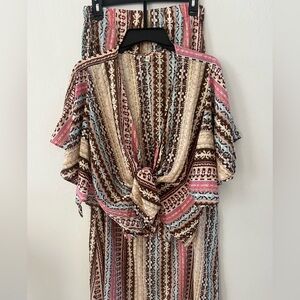 Elan Brown Cream Pink Blue Striped Maxi Skirt Set